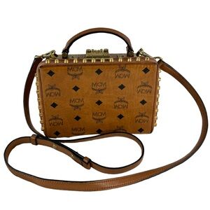 MCM Berlin Cognac Coated Visetos Studded Box Shoulder Crossbody Bag